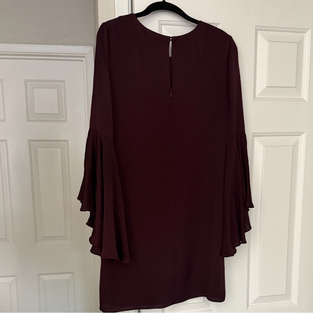 MILLY Silk Dress Ruffle Bell Sleeve Shift Dress Size 4 Plum Purple Mini Cocktail - Picture 7 of 10